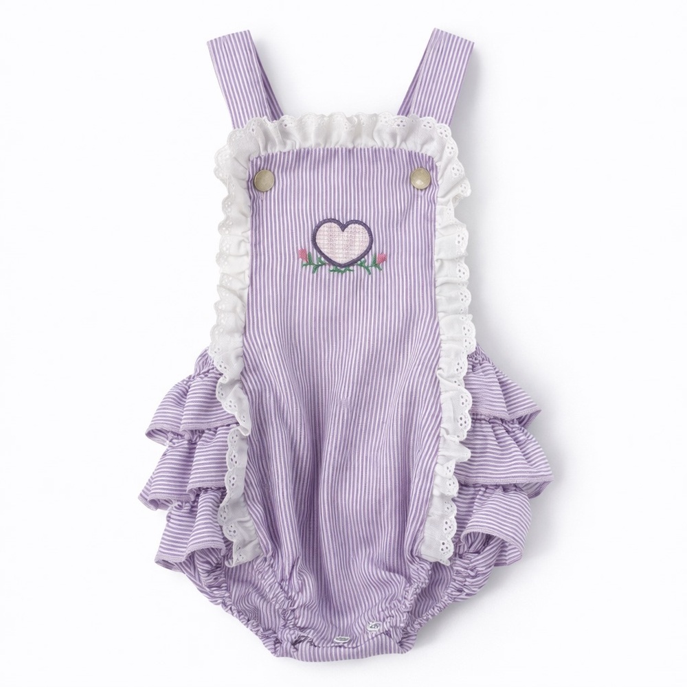 Vintage 24mo ruffle butt romper Purple Heart flowers stripe 0304